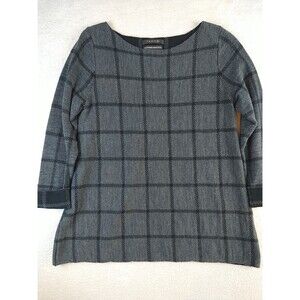 Tahari Sweater Women's Medium 100% Extra fine Merino Wool Windowpane Check Gray